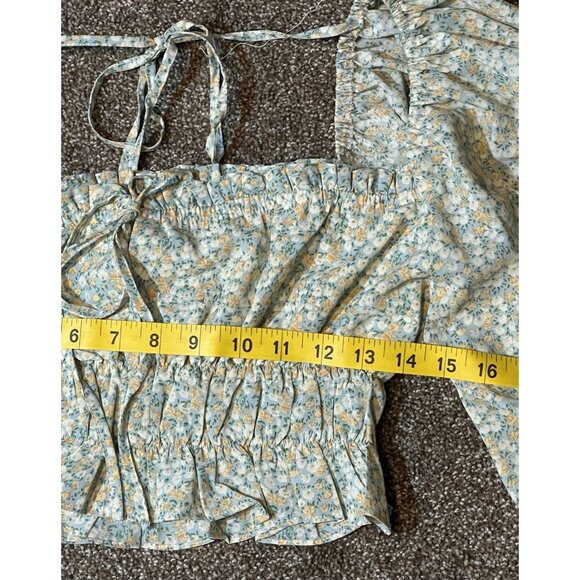 Mable Anthropologie Women FLORAL PUFF SLEEVE Crop Top Medium Size Stretch Green - Picture 8 of 11